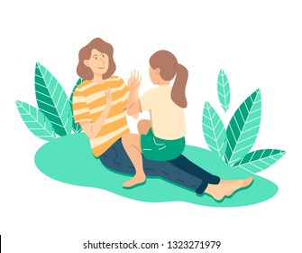 Happy motherhood flat style vector illustration. Mother and daughter spending time together sitting and playing Patty Cake in a park.