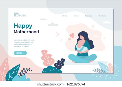 Happy motherhood landing page template. Beauty mother holding hewborn baby. Woman breastfeeding a baby. Trendy Vector illustration