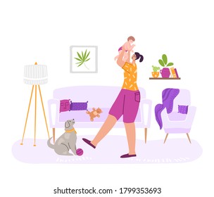 Happy motherhood and maternity concept, woman with her baby, mother is holding a newborn in her arms. Young happy girl and child, cute dog in room indoor. female character - vector illustration