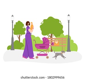 Happy motherhood or maternity concept - woman is holding a newborn in her arms. Yong mother is walking with baby carriage in the park outdoors. flat cartoon female character - vector illustration