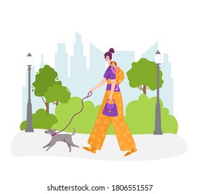 Happy motherhood or maternity concept - woman and little baby on her back in a sling. Yong mother is walking with child and dog in the park outdoors. flat cartoon female character vector illustration