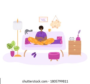 Happy motherhood or maternity concept - Young African American woman is awating for a baby, she seats on sofa in living room. Pregnant girl at home, flat cartoon female character - vector illustration