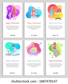 Happy motherhood mom with kiddo vector, child and mother pushing perambulator, small baby playing with mommy, lady wearing dress walking family. Website or slider app, landing page flat style