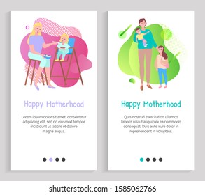 Happy motherhood, parent walking with son and daughter, mother feeding child, parenthood and childhood, mom and kid characters, family vector. Website or slider app, landing page flat style