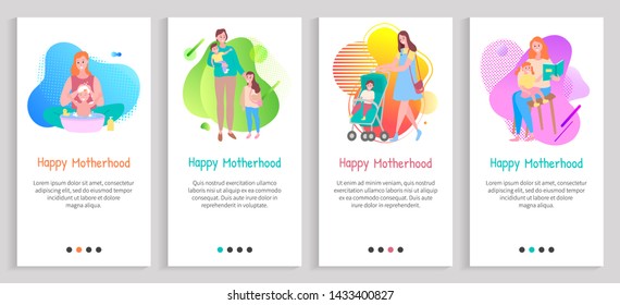 Happy motherhood set, mom bathing, walking with children, reading book, portrait view of mother and kid characters together, family slide vector. Website or slider app, landing page flat style