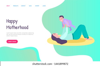 Happy motherhood, side view of woman holding baby, smiling people. Mother playing with child, parent and kid, parenthood and childhood vector. Website or webpage template, landing page flat style