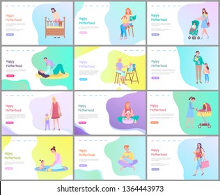 Happy motherhood vector, woman with baby bathing kid, walking with child in perambulator, reading book and looking at infant sleeping in cradle. Website or webpage template, landing page flat style