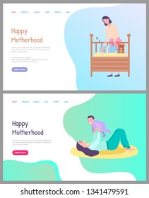 Happy motherhood vector, woman caring for newborn child sleeping in cradle covered with warm blanket. Childhood and playing with baby laying mat. Website or webpage template, landing page flat style