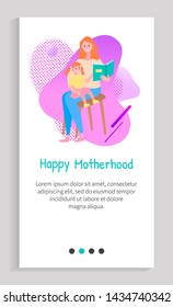Happy motherhood vector, woman with daughter teaching to girl to read, lady with book and fairy tales, parenting mother, mommy and child. Website or app slider template, landing page flat style
