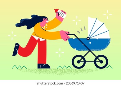 Happy motherhood and walking with baby concept. Young smiling woman mother cartoon character walking with stroller and bottle and newborn baby inside vector illustration