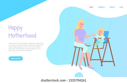 Happy motherhood web decorated by sitting people on chairs with table, portrait view of mother feeding with spoon daughter, parent and kid vector. Website or webpage template, landing page flat style