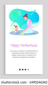 Happy motherhood, woman playing with baby on mat, mother and daughter sitting on floor, funny time with toys, crawling child and caring mom vector. Slider for motherhood app