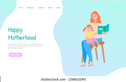 Happy Motherhood, Woman Sitting With Daughter On Chair And Reading Book Together, Portrait View Of Smiling Mother And Child Holding Book Vector. Website Or Webpage Template, Landing Page Flat Style