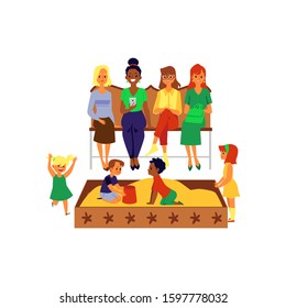 Happy mothers and baby cartoon characters group on playground flat vector illustration isolated on white background. Moms and children in motherhood and parenting concept.