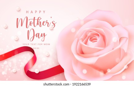 Happy mother's banner day pink elegant rose flower red ribbon and pearl with shining bokeh background