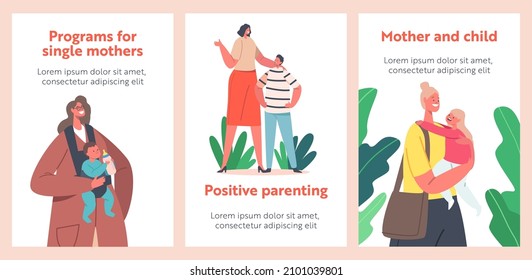 Happy Mothers with Children Cartoon Posters, Program for Single Moms, Family Characters Moms, Son or Daughter Spend Time Together, Fun, Communicate, Play, Bonding, Love. People Vector Banners