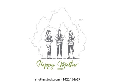 Happy mothers with children in park, young women with baby carriers, kangaroo bags, maternity leave. Babysitting routine, outdoor walk in park concept sketch. Hand drawn vector illustration