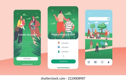 Happy Mothers Club Mobile App Page Onboard Screen Template. Women with Babies in Prams and Strollers. Moms Characters Walking With Their Infant Children Concept. Cartoon People Vector Illustration svg