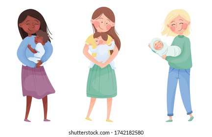 Happy Mothers Cuddling Their Kids Holding with Arms Vector Set