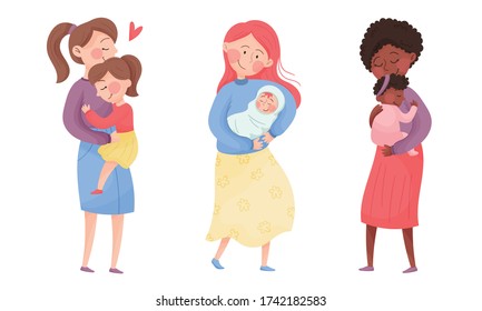 Happy Mothers Cuddling Their Kids Holding with Arms Vector Set