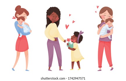 Happy Mothers Cuddling Their Kids Holding with Arms Vector Set