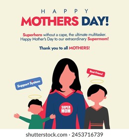 Happy Mothers day. 12th May Happy Mothers day 2024 celebration banner, social media post with mother wearing superhero costume, daughter and son. Appreciating Women as super mom. Mothers day concept.