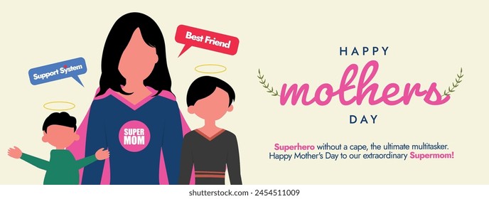 Happy Mothers day. 12th May Happy Mothers day 2024 celebration cover banner, post with mother wearing superhero costume, daughter and son. Appreciating Women as super mom. Mothers day card concept.