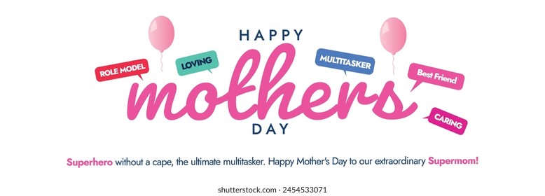 Happy Mothers day. 15th May mothers day 2024 celebration cover banner, social media post, card design with typography, balloons. Simple and minimal mothers day banner, card, conceptual post.