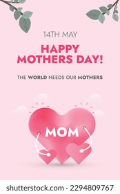 Happy Mothers Day. Happy mothers day 2023 cover or banner with three hearts. 14th May. Mom with her children's mother day card. Design template for social media. Vertical Mothers Wish. Pink Poster