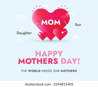 Happy Mother's Day. Happy mothers day 2023 cover or banner with three hearts. 14th May. Mom with her children's mother day card. Design template for social media poster, flyer, card, website. Wish