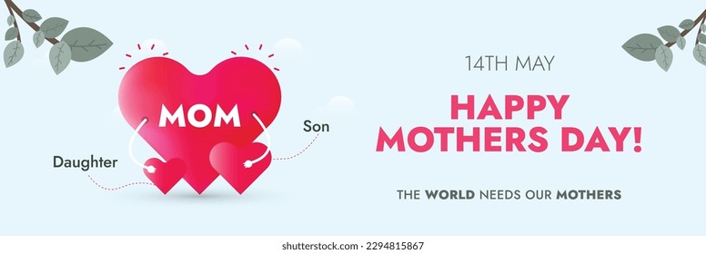 Happy Mothers Day. Happy mothers day 2023 cover or banner with three hearts. Mom with her children's mother day card. Design for fashion ads, poster, flyer, card, website. Red heart family. Awareness