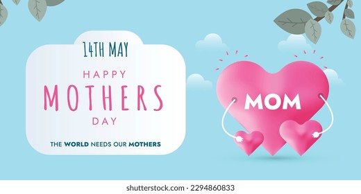 Happy Mothers Day. Happy mothers day 2023 cover, banner or poster with three hearts. 14th May. Mom with her children's mother day card. Design templates for social media. Mothers day Wish in sky blue