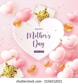 Happy mother's day 3D pink love heart and present gift box with golden ribbon flower