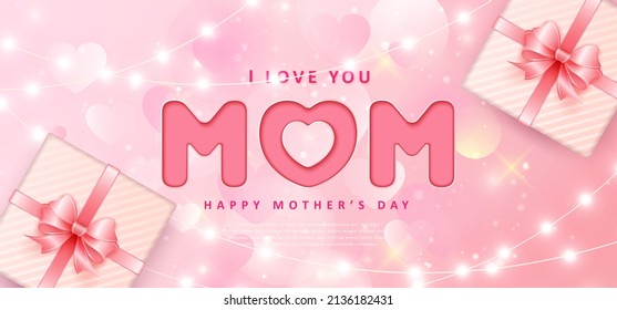 Happy mother's day 3D present gift box with pink ribbon flower and strip light