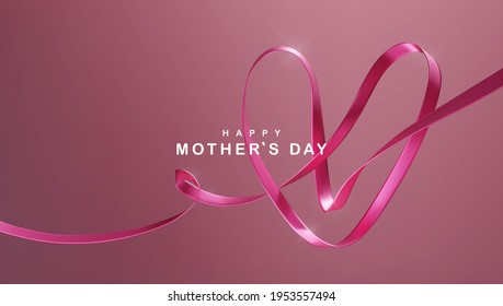 Happy mother's day 3d realistic background illustration with pink heart shaped ribbon vector - Shutterstock ID 1953557494