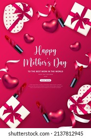 Happy mother's day 3D red pink love heart ribbon cosmetic lipstic and present gift box with ribbon flower