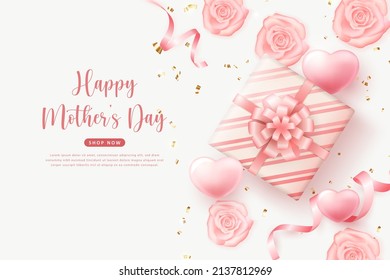 Happy mother's day 3D red pink love heart rose flower and present gift box with ribbon flower