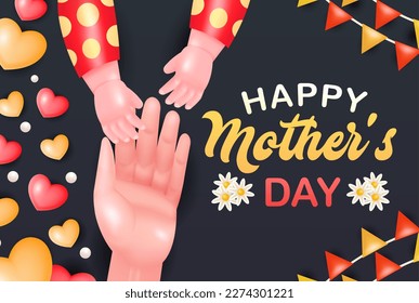 Happy mother's day, 3d vector of mother and baby hands with love and flower ornaments