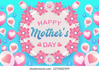 Happy mother's day, 3d vector wreath with balloon and star ornaments