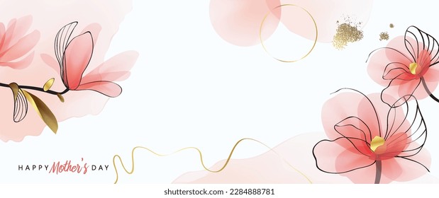 Happy Mother's Day abstract art background vector template. Luxury minimal style wallpaper with golden line art flower and botanical leaves, watercolor. Vector background for banner, poster.