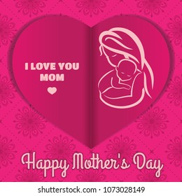 Happy Mother's Day abstract background with cut paper heart and stylized symbol of mom and baby. Vector illustration