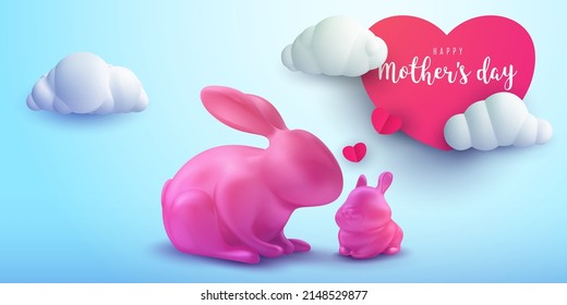 Happy mother's day abstract background. Cartoon 3d composition with pink rabbit and bunny. Minimal modern holiday vector illustration. Template banner, cover, card.