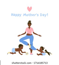 Happy Mother's Day In African American Family, Super Mom With Mess Hair And Different Socks Try To Relax, Children And Kitten Play With Her Pants. Greeting Card To 10 May. Isolated Flat Vector. 