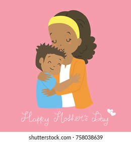 happy mother's day. African American mother and son hugging, cartoon vector.