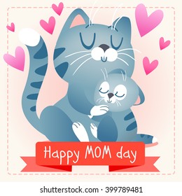 Happy mother's day. Baby and mom together illustration. Cute animals.Cats.