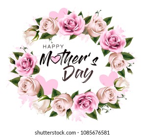 Happy Mother's Day background with beauty flowers and hearts. Vector.