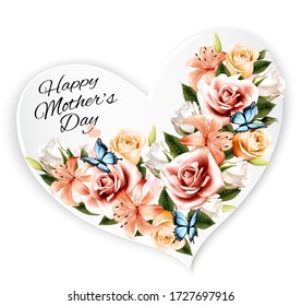 Happy Mother's Day background with beauty flowers and heart-shaped  note. Vector