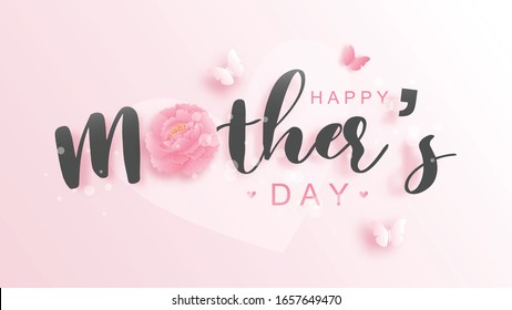 Happy mother's day background with colorful flowers and butterflies. Paper cut vector illustration.