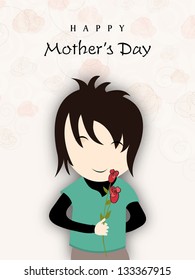 Happy Mothers Day background with cute boy holding flowers for his mother.
