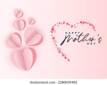 Happy mothers day background design with pink paper heart shape